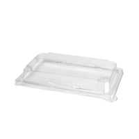 A transparent, rectangular rPET Sushi Medium lid (226x146x33 mm) from Duni GmbH is shown against a plain white background—perfect for eco-friendly sushi packaging. Package: 50 pieces.