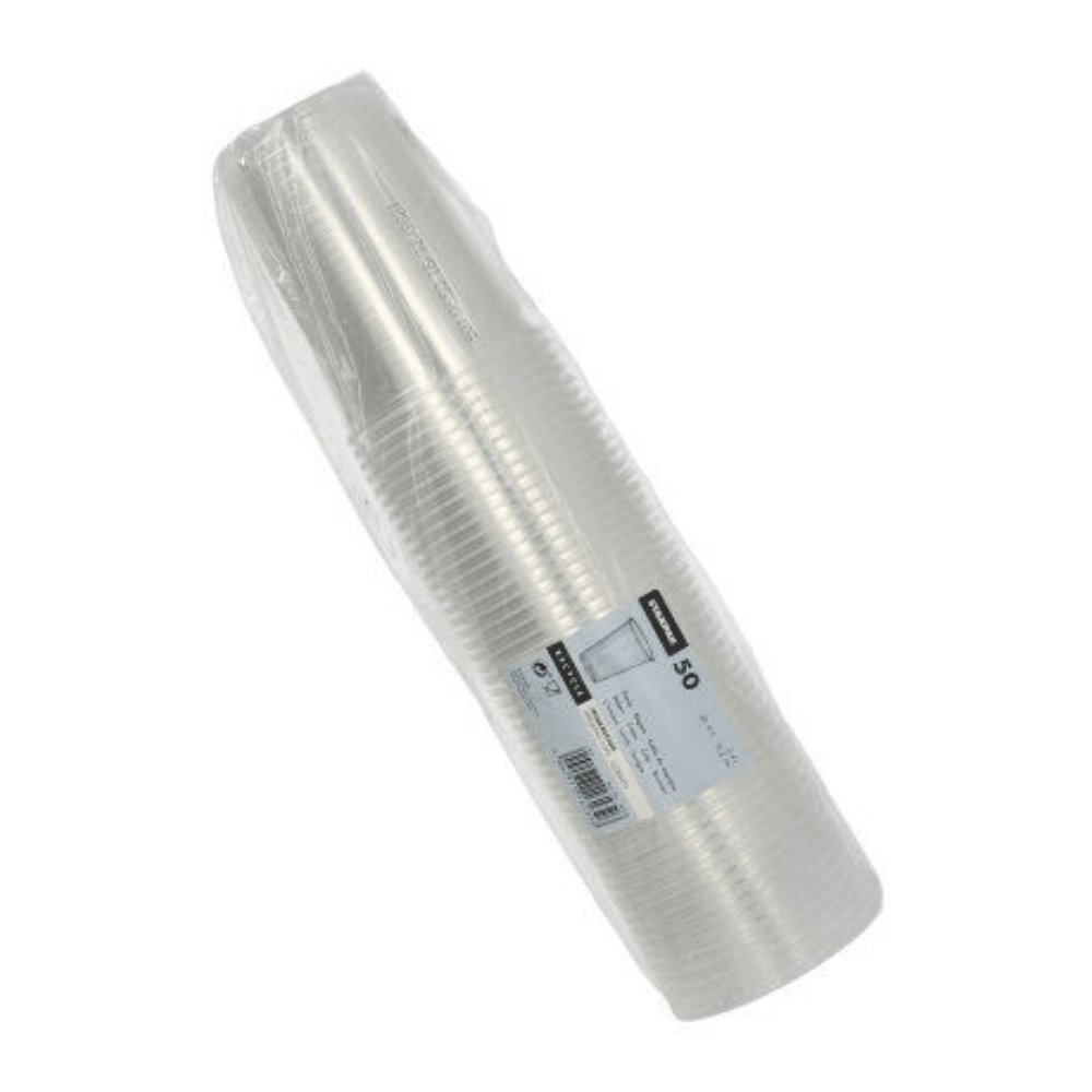 A set of transparent plastic cups from Starpak, neatly arranged in a cylindrical shape and packaged in a plastic container. The packaging features a label with product details and a barcode. These are new Starpak plastic cups (PP) with a volume of 0.4 liters, dimensions of Ø 9.5 cm x 12.2 cm, and a pack of 50 cups with a foam rim.
