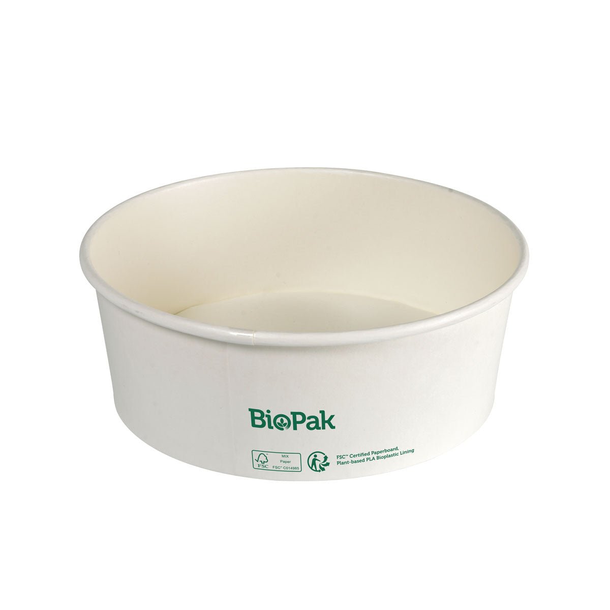 A white, round Ronda WIDE+ bowl (1300 ml) made of FSC-certified cardboard with PLA coating from Duni GmbH stands empty against a neutral background. The bowl displays the green BioPak logo and is offered in packs of 25.