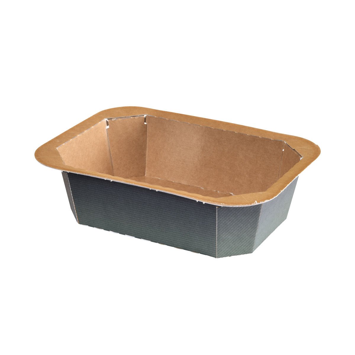 The Forum bowl printed paper/PE by Duni GmbH is a brown, rectangular cardboard tray with slanted sides and a wide rim, perfect for food packaging. Depicted empty on a white background, it highlights its versatile design.