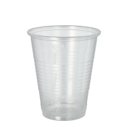 Ein transparenter Starpak 20 Trinkbecher (PP, 0,3l, Ø 9,5 cm · 11,1 cm) mit ausgestelltem Schaumrand und horizontalen Griffrillen ist auf schlichtem weißem Hintergrund abgebildet. Lieferung im 20er-Pack mit Schrumpffolie.