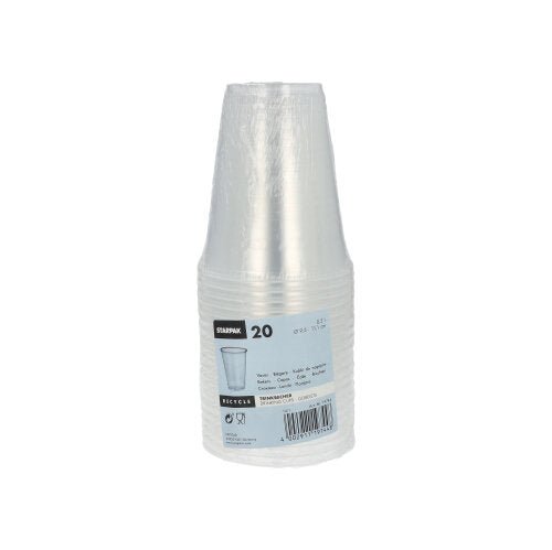 Ein Stapel von 20 transparenten Starpak Polypropylen-Trinkbechern (0,3 l, Ø 9,5 cm, 11,1 cm) mit Schaumrand ist in Schrumpffolie eingewickelt und trägt den Markennamen Starpak, ein Becherbild, Produktinformationen, Schaumranddetails und einen Barcode.