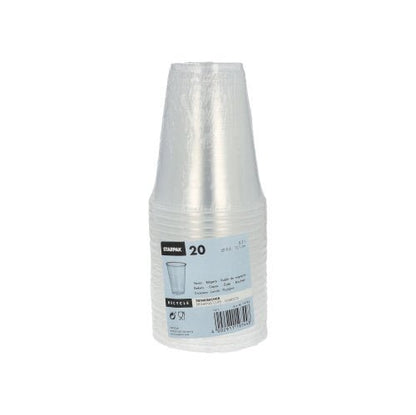 Ein Stapel von 20 transparenten Starpak Polypropylen-Trinkbechern (0,3 l, Ø 9,5 cm, 11,1 cm) mit Schaumrand ist in Schrumpffolie eingewickelt und trägt den Markennamen Starpak, ein Becherbild, Produktinformationen, Schaumranddetails und einen Barcode.