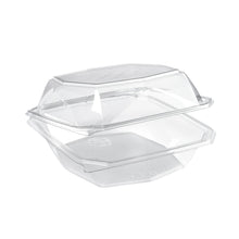 Ein geöffneter rPET Octaview® M+ Transparent rPET 185x185x90 Clamshell Container von Duni GmbH, der sowohl den Deckel als auch den Boden zeigt; eine saubere, klare Verpackung, ideal für Lebensmittel. Packung (255 Stück).