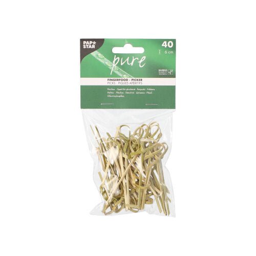 40 Stück PAPSTAR Fingerfoodspieße „pure“ 6 cm im Klarsichtbeutel der PAPSTAR GmbH mit grün-weißem Etikett – ideal zum stilvollen Servieren von Fingerfood.
