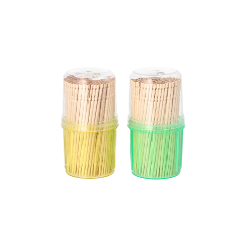 Zwei PAPSTAR Spenderbehälter aus klarem Kunststoff (je 6,5 cm runde Holzzahnstocher, 400 Stück, by PAPSTAR GmbH) sind ideal für Fingerfood auf Partys. Ein Behälter ist gelb, der andere grün; beide haben klare Deckel und stehen nebeneinander auf Weiß.