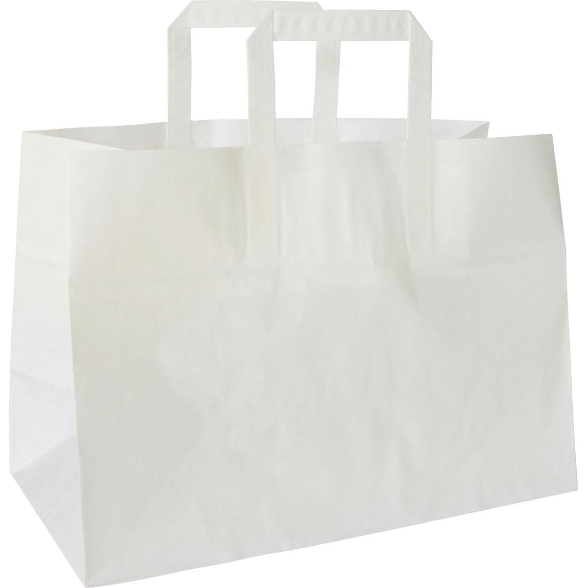 A plain white take-out bag (alternative item 194085) made of FSC-certified paper by Duni GmbH, measuring 350x170x270 mm and featuring two rectangular handles, is shown standing upright against a white background. The package contains 200 pieces.