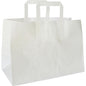 A plain white take-out bag (alternative item 194085) made of FSC-certified paper by Duni GmbH, measuring 350x170x270 mm and featuring two rectangular handles, is shown standing upright against a white background. The package contains 200 pieces.