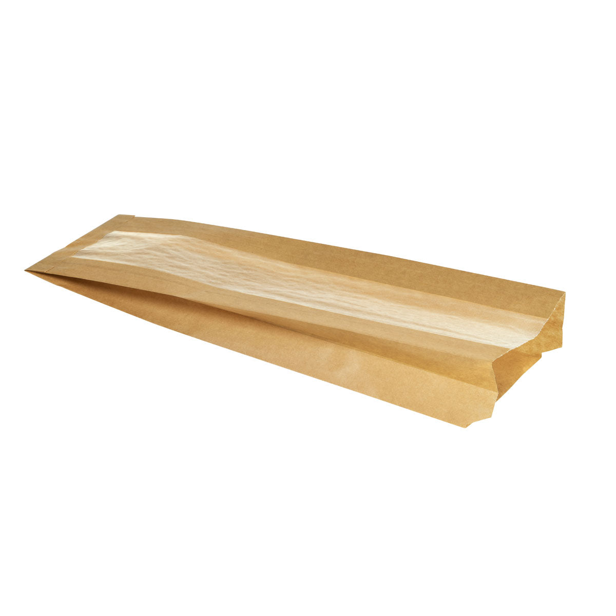 Der Duni GmbH Papierbeutel für Baguettes, Braun Karton/Zellulose, 370x100x50 mm, Packung (1000 Stück), verfügt über ein Klarsichtfenster und eignet sich perfekt als umweltfreundliche Verpackung für Backwaren - ideal für Bäckereien. Abgebildet auf weißem Hintergrund.
