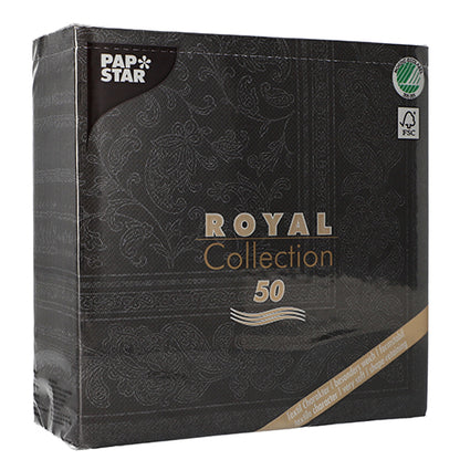 Eine schwarze Verpackung von PAPSTAR GmbH 50 Servietten "ROYAL Collection" 1/4-Falz, 40 x 40 cm, schwarz, mit dekorativen Mustern und umweltfreundlichen Symbolen auf der Vorderseite.