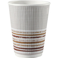 The Duni GmbH Triple Wall Stripe Thermal Cup, 240 ml, white with red, brown, and yellow stripes, made of PAP/PLA with triple-wall insulation, keeps drinks hot; the package contains 25 eco-friendly cups.