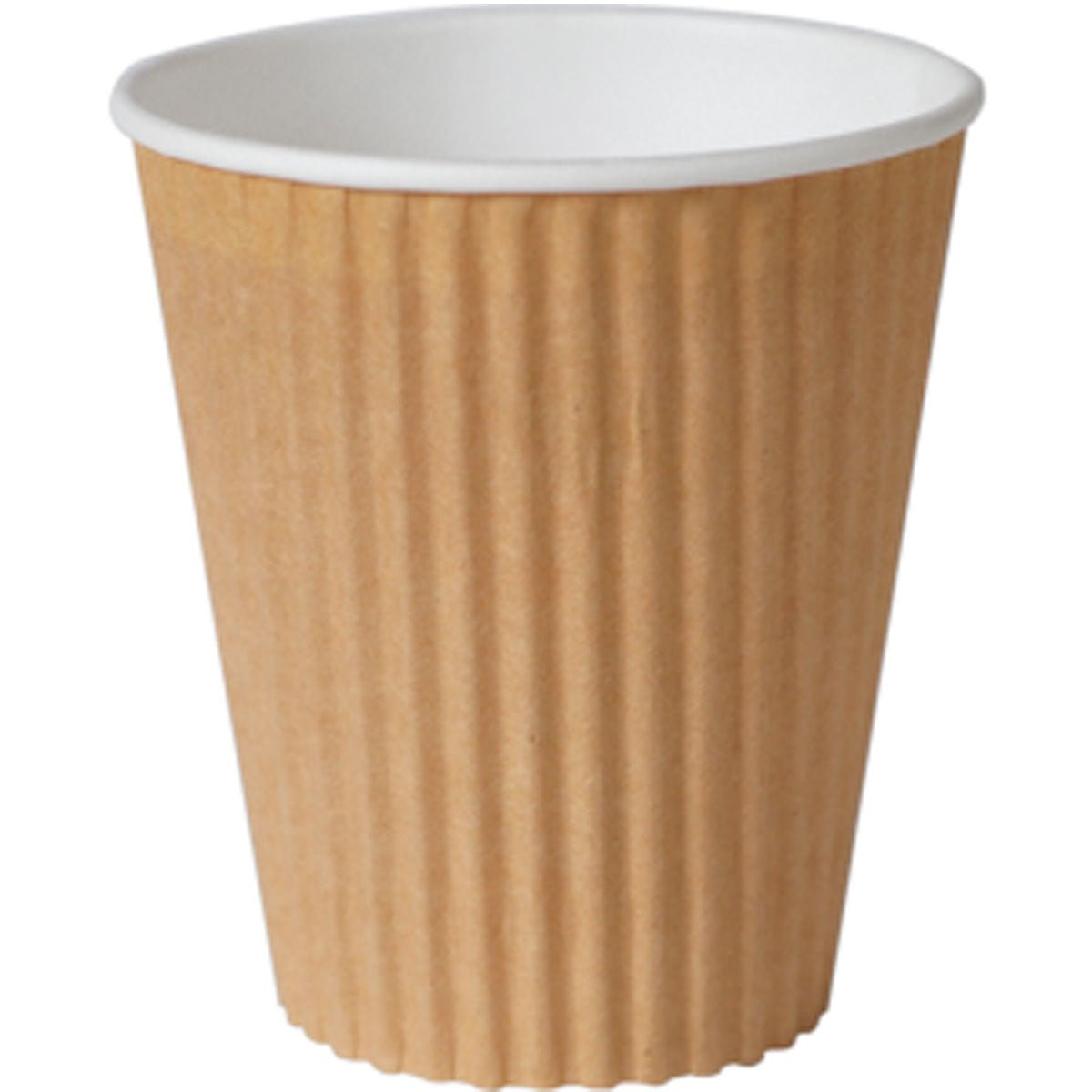 Der Duni GmbH Triple Wall Thermobecher 350 ml in braunem PAP/PLA, hier mit weißem Innenleben auf unifarbenem Hintergrund, bietet eine umweltfreundliche Art, Getränke zu genießen; erhältlich in Packungen mit 30 Stück.