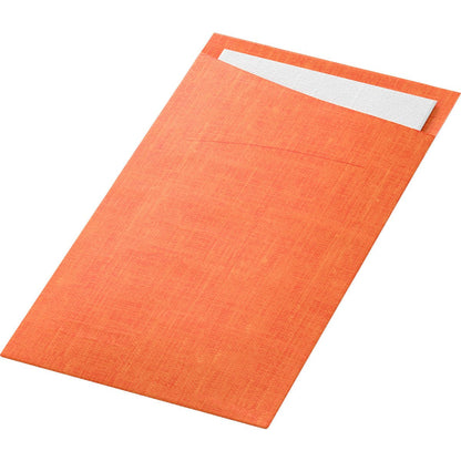 A rectangular orange Sacchetto Dunisoft bag (230 x 115 mm) from Duni GmbH, featuring a textured pattern and a visible white card inside—perfect as stylish gift wrapping or a practical paper bag for giving gifts.