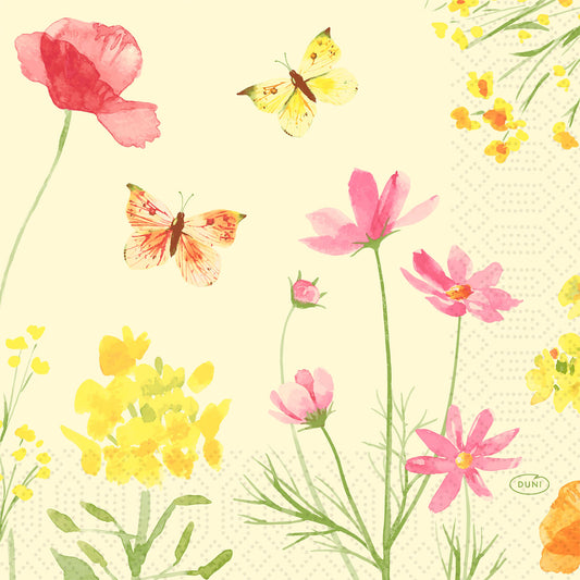 Aquarell-Illustration von rosa und gelben Wildblumen mit Schmetterlingen vor einem hellen Hintergrund - perfekt für Duni GmbH Servietten 33x33 cm, Mohnfeld Design | Packung (50 Stück).