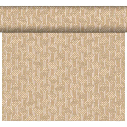 Der Dunicel-Tischläufer Tête-à-Tête (24 m x 0,4 m, 20 Abschnitte) der Duni GmbH besticht durch sein geometrisches Fischgrätmuster in Beige und Creme - ideal als stilvolle Kulisse für Tête-à-Tête oder elegante Tischdekoration.