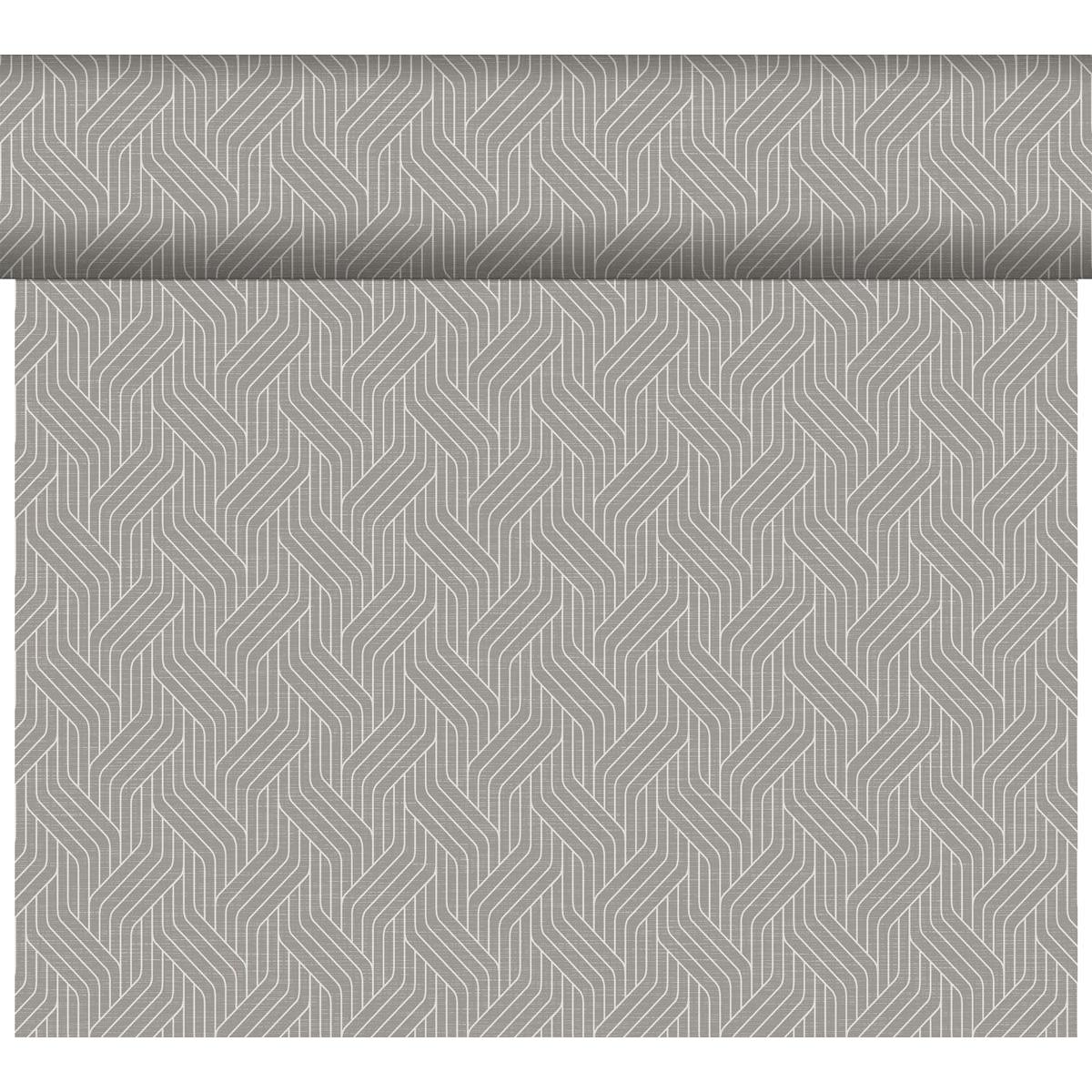 Der Dunicel-Tischläufer Tête-à-Tête (24 m x 0,4 m, 20 Abschnitte) der Duni GmbH zeichnet sich durch ein sich wiederholendes geometrisches Muster in Hell- und Dunkelgrau aus - ideal, um Ihrer Tischdekoration oder Ihrem Tête-à-Tête einen modernen Touch zu verleihen.