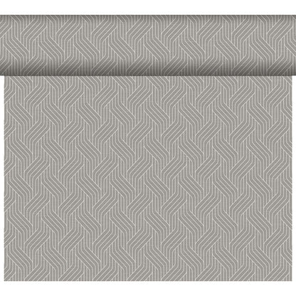 Der Dunicel-Tischläufer Tête-à-Tête (24 m x 0,4 m, 20 Abschnitte) der Duni GmbH zeichnet sich durch ein sich wiederholendes geometrisches Muster in Hell- und Dunkelgrau aus - ideal, um Ihrer Tischdekoration oder Ihrem Tête-à-Tête einen modernen Touch zu verleihen.