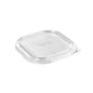 The rPET lid BRICK LARGE 1200 ml from Duni GmbH is a clear, square lid (175x175x15 mm) with rounded corners, made from recycled PET. It fits the BRICK LARGE 1200 ml container and features a raised edge and a small tab for easy removal. Pack of 40 pieces.