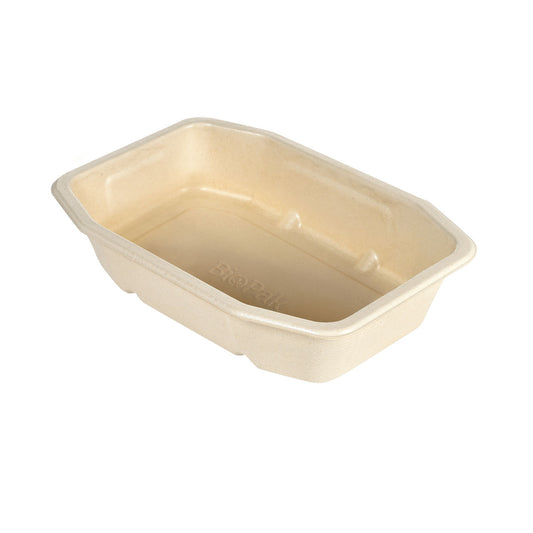 Ein rechteckiger, brauner HMR Fibretray/PLA 1-comp Lebensmittelbehälter (215x148x40 mm) aus beschichteter Bagasse von Duni GmbH. Leicht erhöhte Seiten und abgerundete Ecken machen ihn zu einer umweltfreundlichen Einwegverpackung (320 Stück).