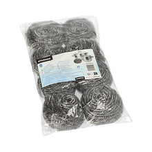 Eine durchsichtige Plastikpackung mit acht Starpak Spiraltopfreinigern, Edelstahl Ø 7,5 cm · 6 cm, kratzend | Folie (8 Stück), mit einem blau-weißen Etikett mit Produktdetails und Topfbildern für eine effiziente Reinigung.