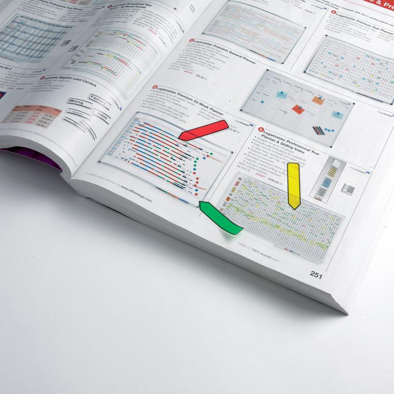 An open book shows tables and charts, with 3M Post-it® Index Arrows in various colors (11.9 mm x 43.2 mm, 100 sticky notes/dispenser), marking page 251 - perfect for organizing documents.