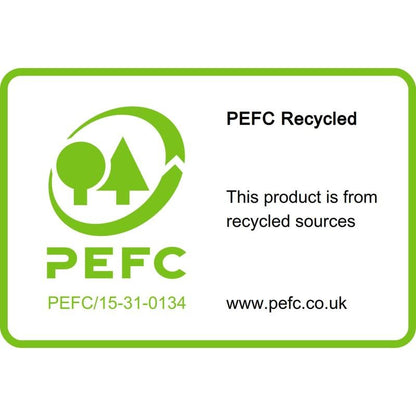 The Post-it® Super Sticky 100% Recycled Notes from 3M Deutschland GmbH are provided with a PEFC Recycled label with a green tree logo, certification number, and URL, confirming that they are made from recycled sources.