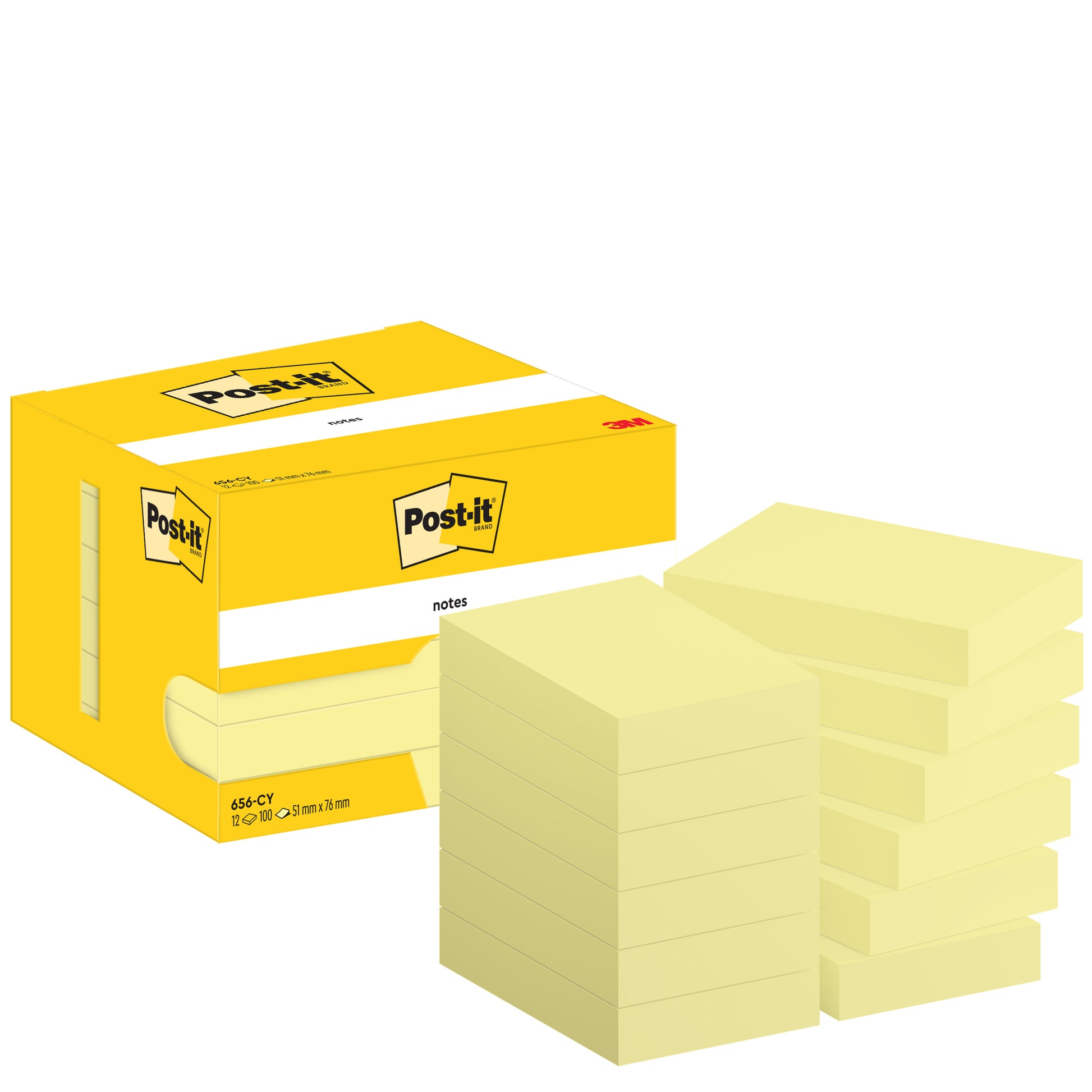 Abgebildet ist eine gelbe Post-it® Notes Box der 3M Deutschland GmbH (51x76 mm, 100 Blatt/Block, 12 Blöcke/Packung, Kartonverpackung, 100% PEFC) mit mehreren gelben Zettelstapeln auf weißem Hintergrund.