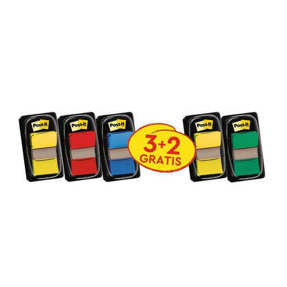 Five packs of Post-it® Index flags from 3M Deutschland GmbH in various colors (25.4 x 43.2 mm), each with 50 flags/dispenser. Promotion: 3 dispensers + 2 free per pack. Perfect for organizing documents.