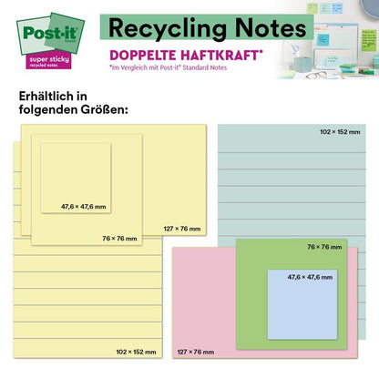 The image shows Post-it® Super Sticky 100% Recycled Notes (47.6 x 47.6 mm, 70 sheets/block, PEFC-certified) from 3M Deutschland GmbH in pastel colors, with a small photo showing them on a wall and on a desk.