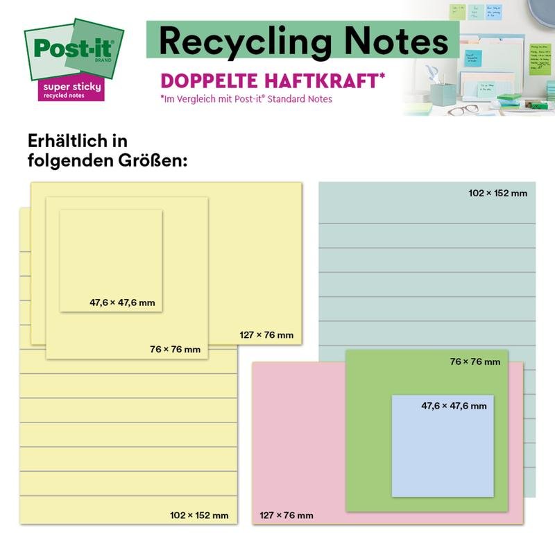 A table shows 3M Post-it® Super Sticky 100% Recycling Notes (76x76 mm, 70 sheets per piece, PEFC-certified), with yellow, blue, pink, and green options highlighted with double adhesive strength.