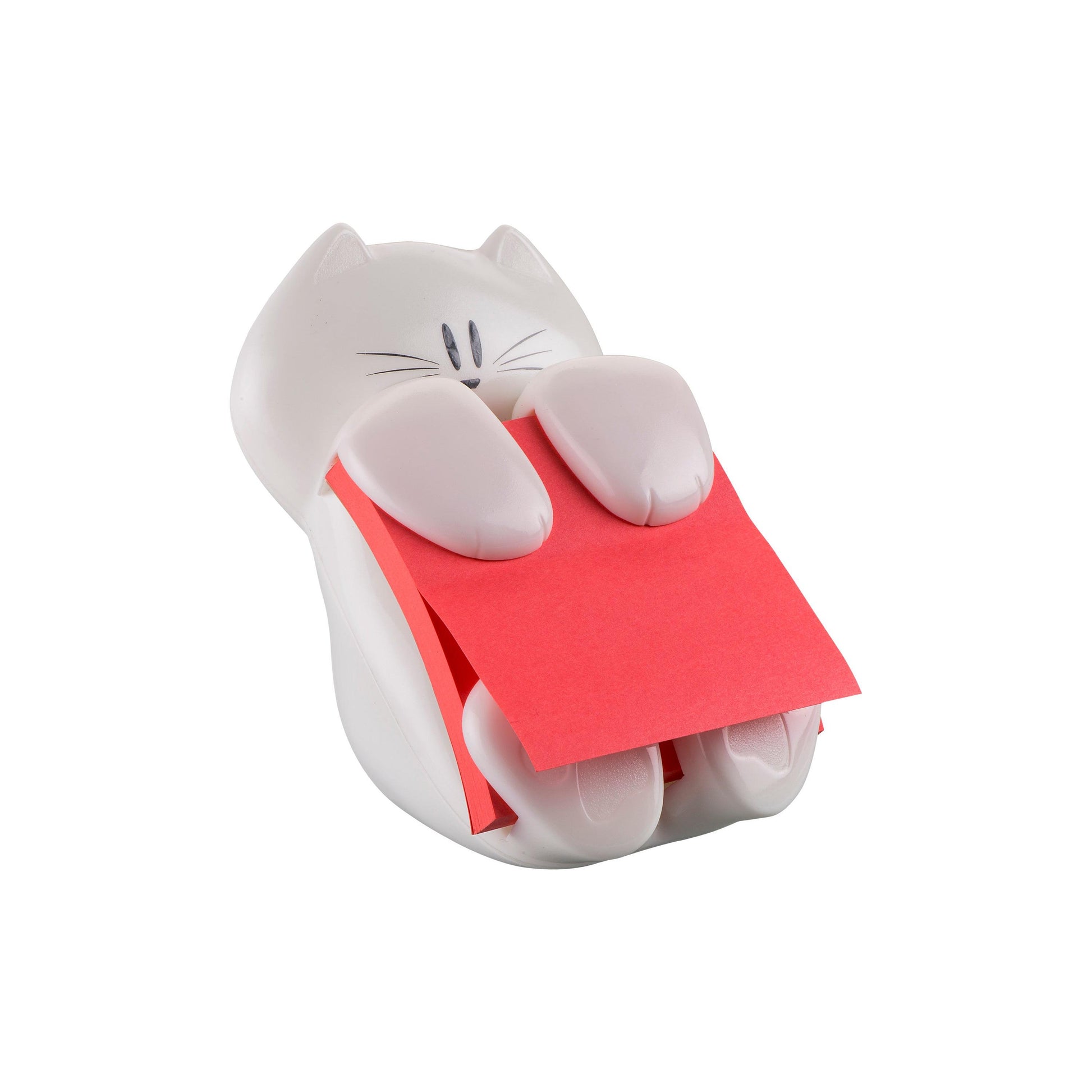 Der 3M Post-it® Z-Notes Dispenser Katze in Weiß hält einen Block pinker, 76 x 76 mm großer Post-it® Super Sticky Z-Notes zwischen den Pfoten. Die Packung enthält einen Spender und einen Block mit 90 Blatt.