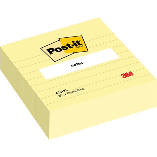 Ein Stapel gefütterter gelber Post-it® Notes im Großformat (101 mm x 101 mm, 300 Blatt) von 3M Deutschland GmbH mit weißem "notes"-Etikett und rotem 3M-Logo - ideal für organisierte, großzügige Notizen.