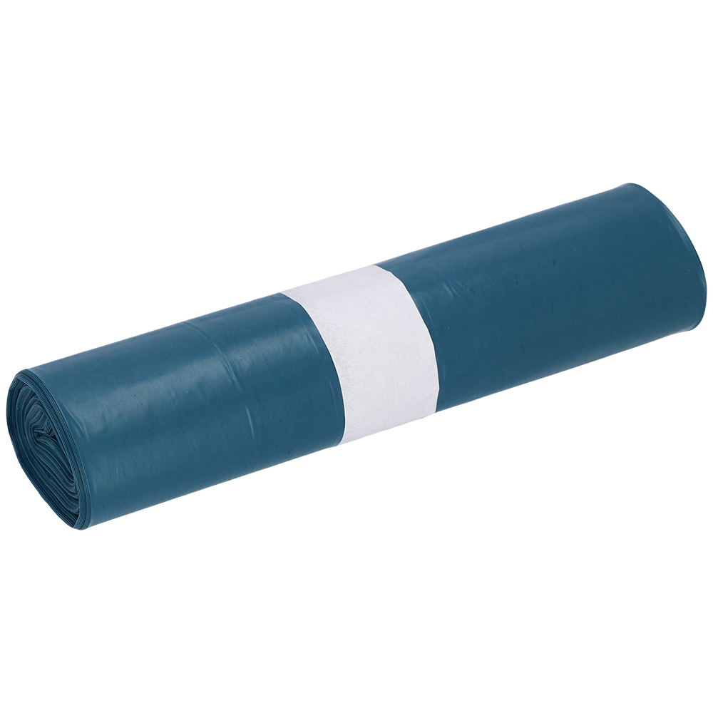 Eine Rolle EMIL DEISS KG (GmbH + Co.) DEISS Müllbeutel aus Recycling-LDPE 35 l in blau (25 Stück) ist mit einem weißen Papierband in der Mitte fest umwickelt und steht vor einem unifarbenen Hintergrund.