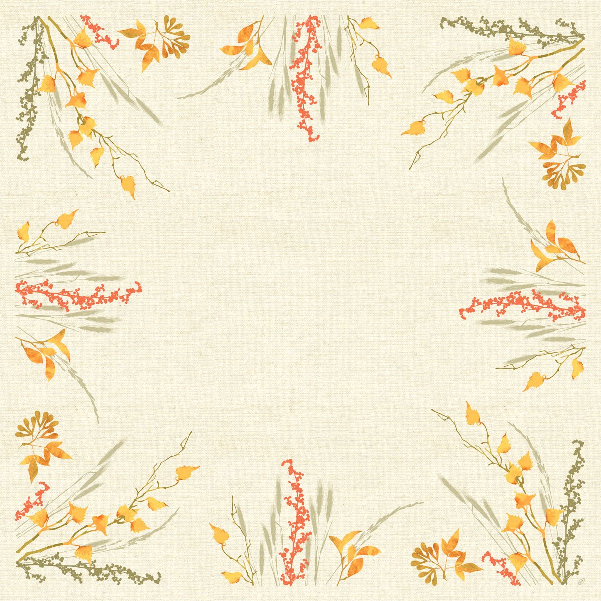 Die Dunicel-Mitteldecke 84x84 Fall Beauty von Duni GmbH hat einen beigen Hintergrund, der mit leuchtenden Herbstblättern und einem weichen Aquarell-Effekt umrandet ist, perfekt für herbstliche Tischdekoration. Die Packung enthält 20 Stück.