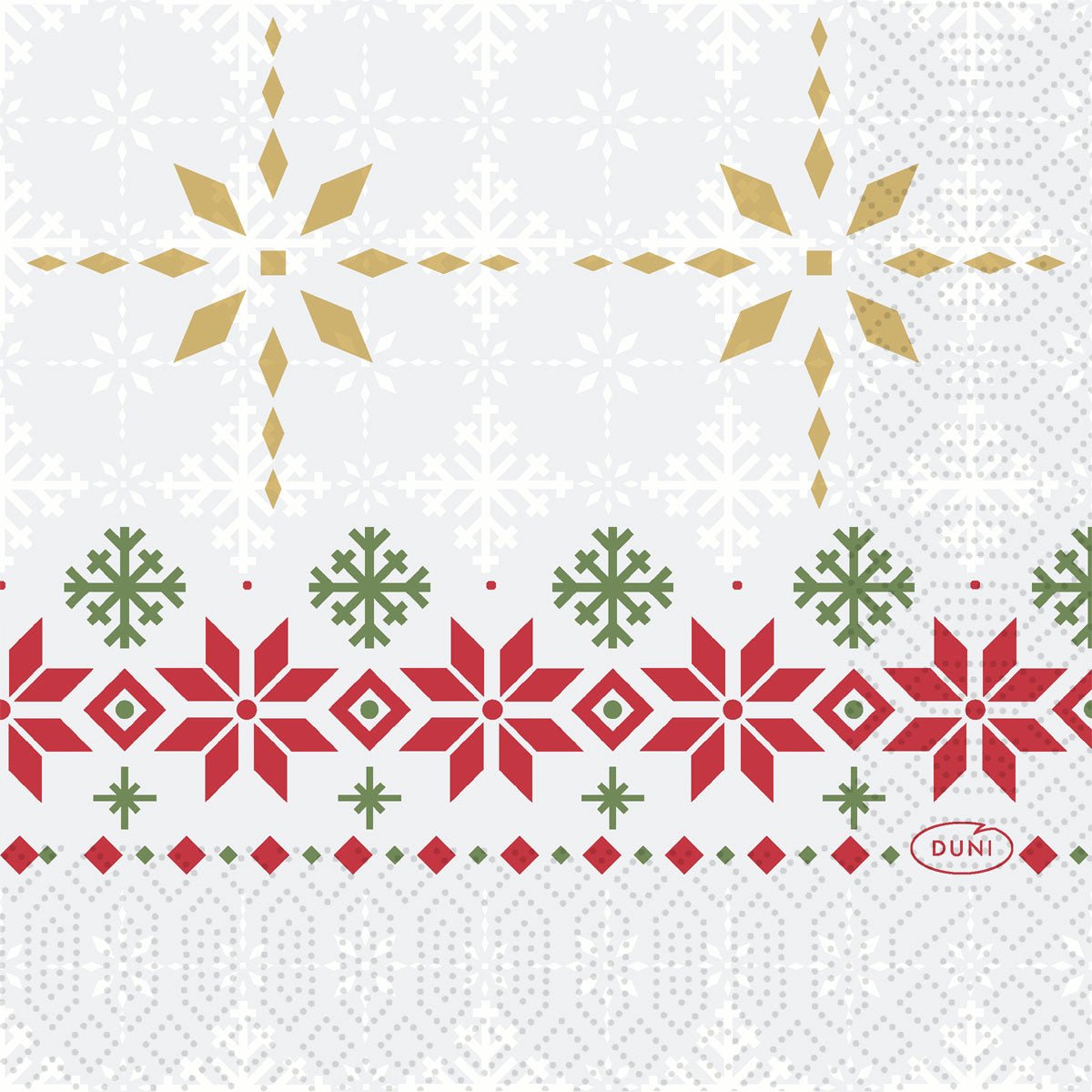 Die Duni GmbH Servietten 24x24 3lagig Tradition zeigen goldene und weiße Schneeflocken auf hellem Grund, umrandet von roten und grünen geometrischen Akzenten, mit dem Duni-Logo unten rechts. Packung: 50 Stück.
