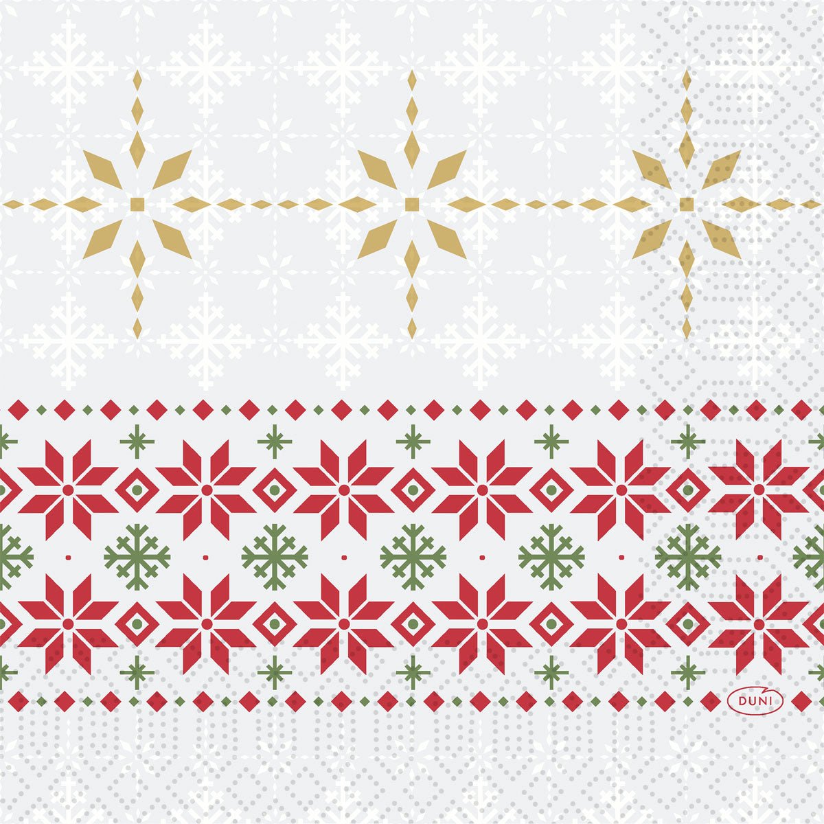 Patterned napkins 33x33 3-ply 1/4 Tradition by Duni GmbH: golden, red, and green geometric snowflakes and motifs on white with light snowflake accents. Pack of 250 pieces.