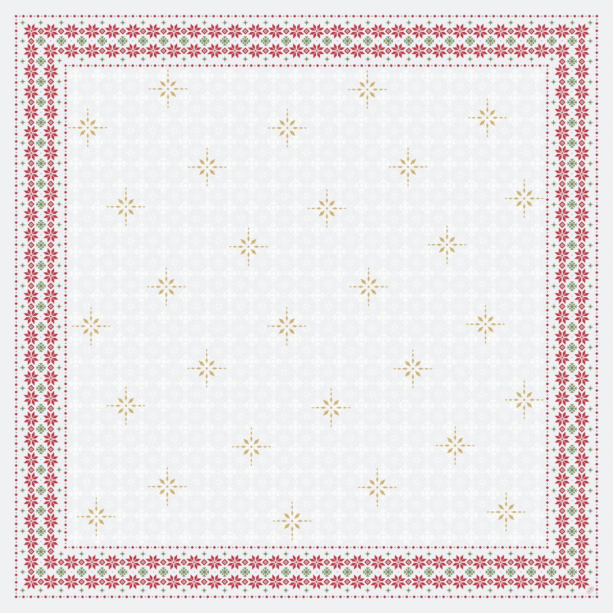 Die Dunicel-Mitteldecke 84x84cm Tradition von Duni GmbH hat einen weißen Hintergrund mit goldenen Sternen und roten Blumenborten - eine ideale, dekorative Wahl für festliche Anlässe. Die Packung enthält 20 Stück.