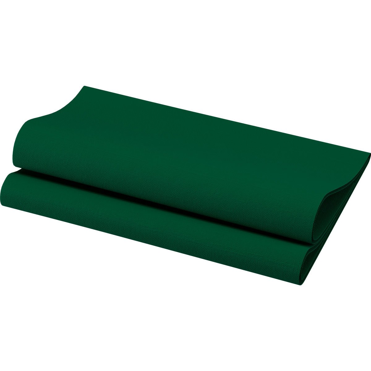A neatly folded Bio-Dunisoft napkin (40 x 40 cm, 1/4 fold) from Duni GmbH in dark green, reminiscent of environmentally friendly luxury table decoration, stands on a white background.