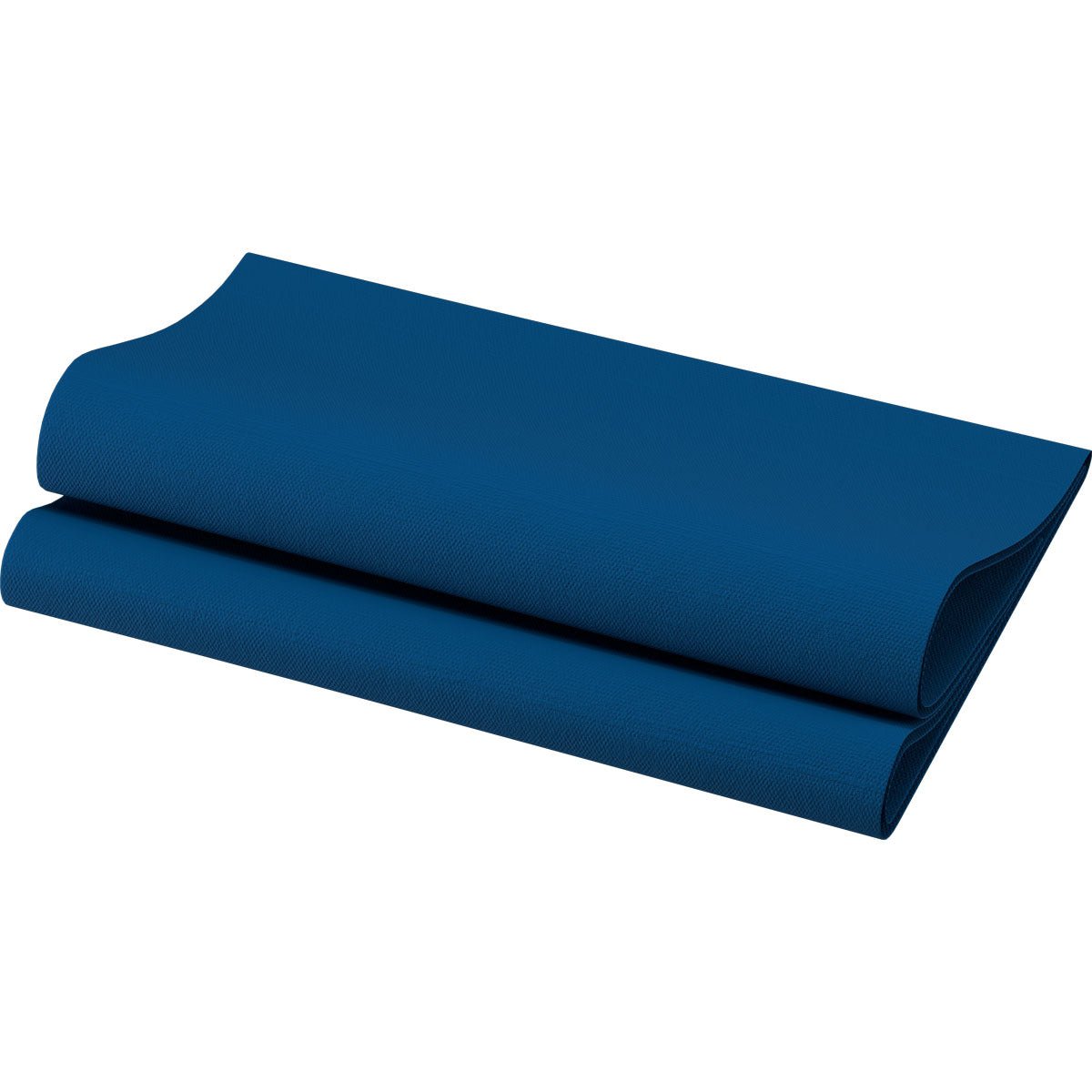 A folded Bio-Dunisoft napkin 40 x 40 cm 1/4 fold from Duni GmbH, dark blue with a textured surface and made from biodegradable materials, is shown against a white background.