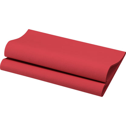 A folded red Bio-Dunisoft napkin 40 x 40 cm 1/4 fold from Duni GmbH is depicted on a white background, showing its textured surface and two clean folds.