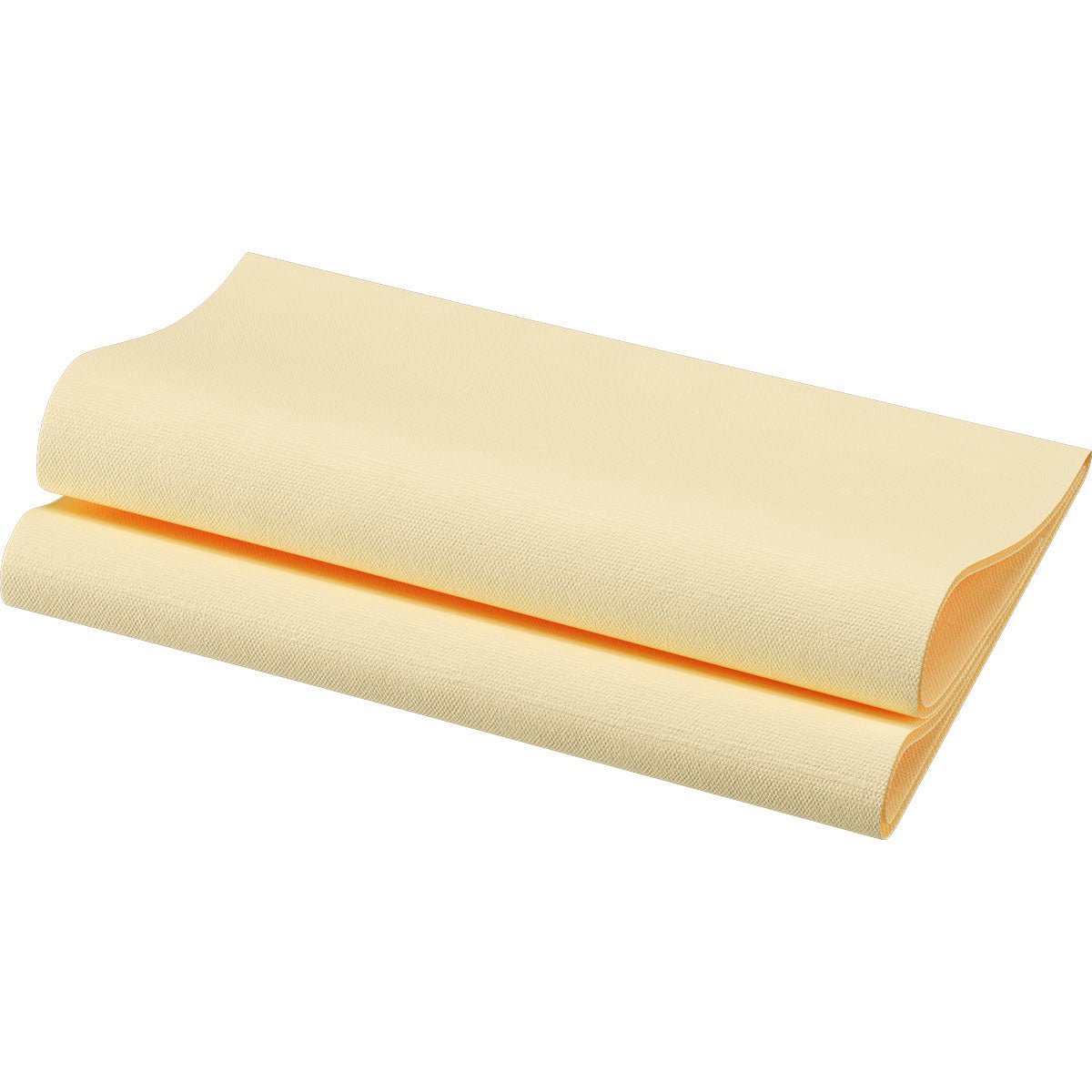 A folded sheet of light yellow, textured Bio-Dunisoft napkin 40 x 40 cm 1/4 fold from Duni GmbH is presented on a white background - ideal for luxurious and environmentally friendly table decorations.