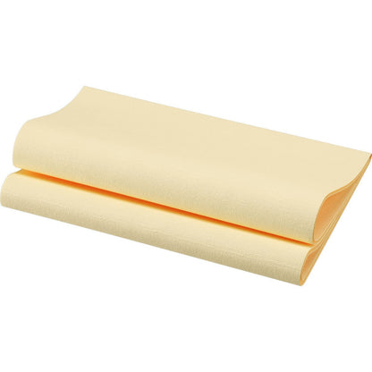 A folded sheet of light yellow, textured Bio-Dunisoft napkin 40 x 40 cm 1/4 fold from Duni GmbH is presented on a white background - ideal for luxurious and environmentally friendly table decorations.