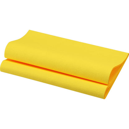 A folded yellow Bio-Dunisoft napkin (40 x 40 cm, 1/4 fold) from Duni GmbH, made from biodegradable materials, is placed in front of a plain white background.
