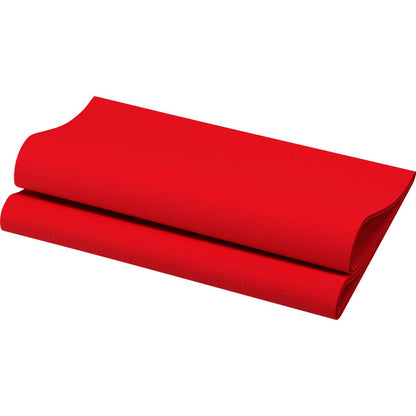 The red Bio-Dunisoft napkin 40 x 40 cm 1/4 fold from Duni GmbH is neatly folded in half on a white background and has a textured surface.