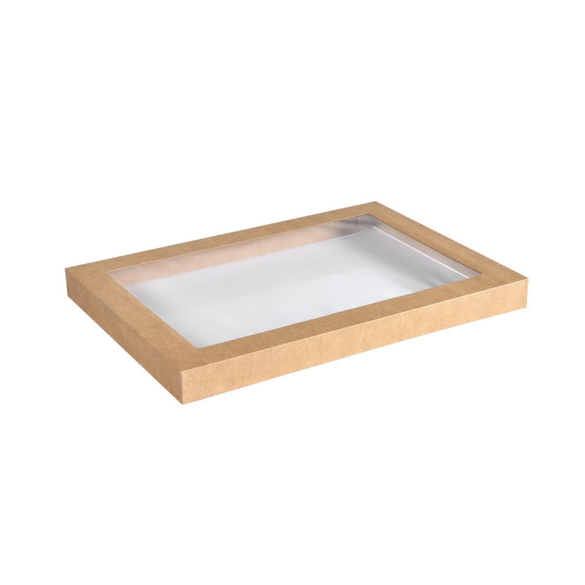 The Duni GmbH Catering Lid Cardboard / PLA brown, Medium (364x255 mm), is a brown cardboard box with a transparent lid, photographed empty against a white background. The package contains 100 pieces.