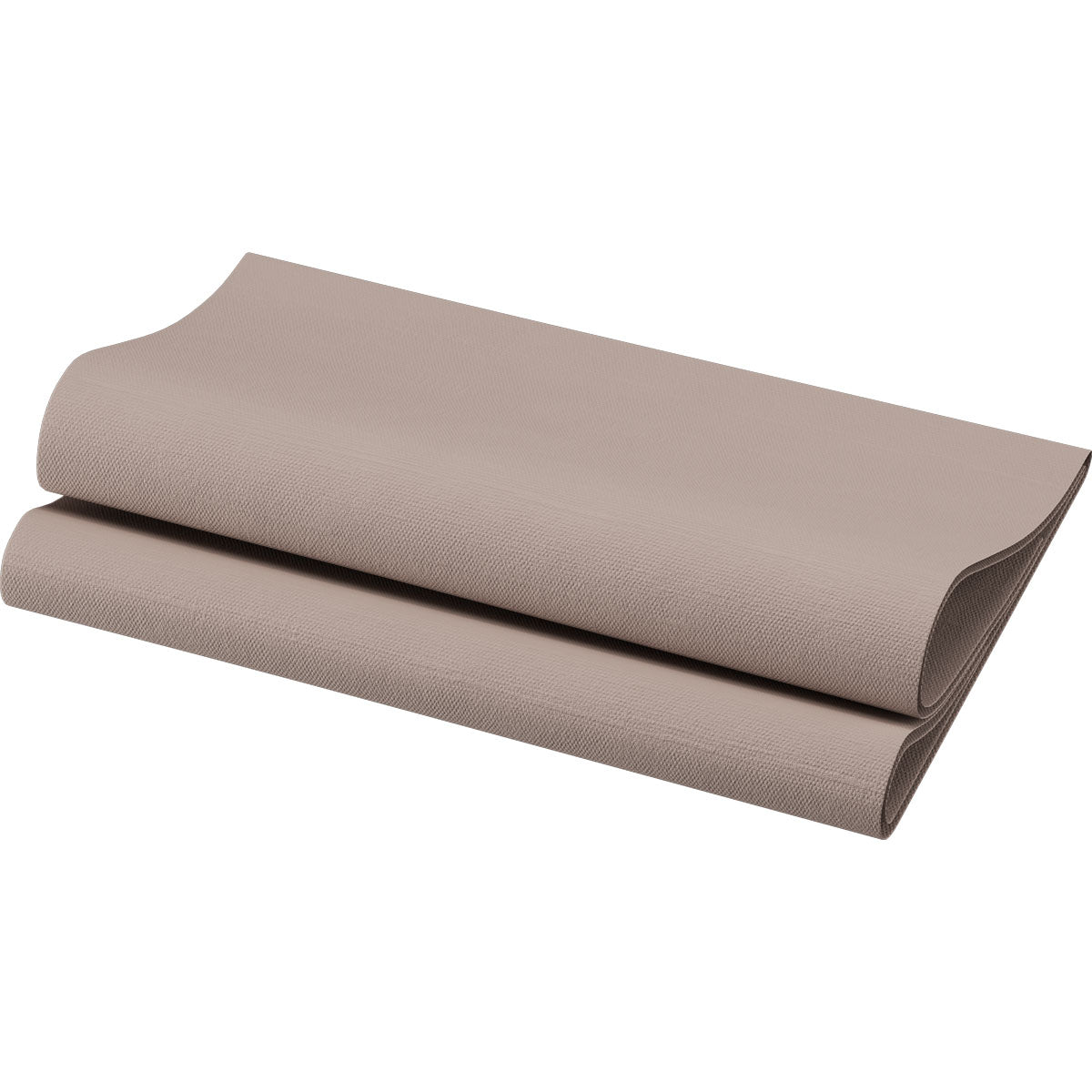 A folded taupe-colored Bio-Dunisoft napkin 40 x 40 cm 1/4 fold from Duni GmbH brings a luxurious touch to the table, elegantly presented on a plain white background.