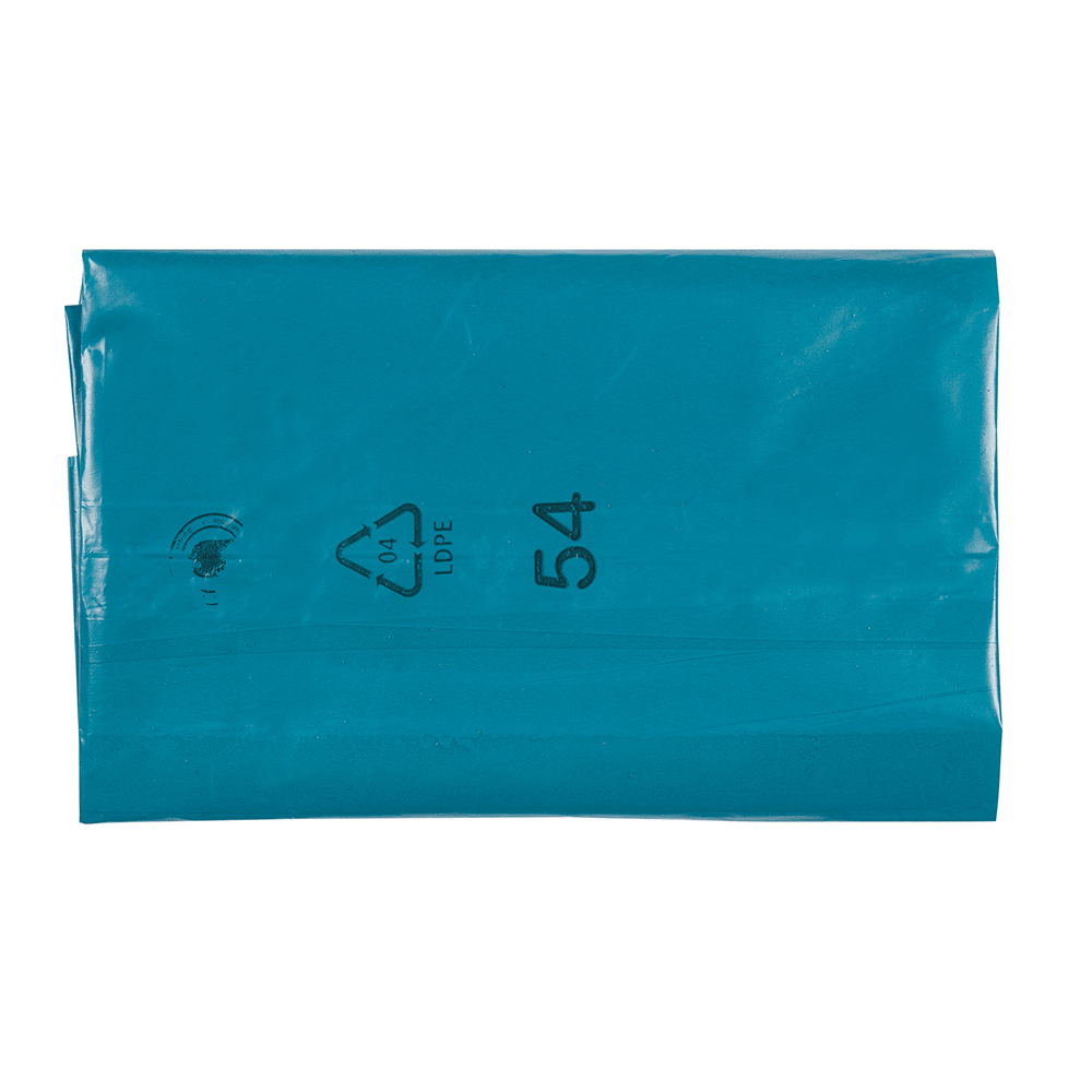 The EMIL DEISS KG DEISS trash bags made from recycled LDPE in blue, printed with "LDPE" and 54 in black, are ideal for 240 l containers and certified with the Blue Angel. Delivered in a box with 200 rolls.