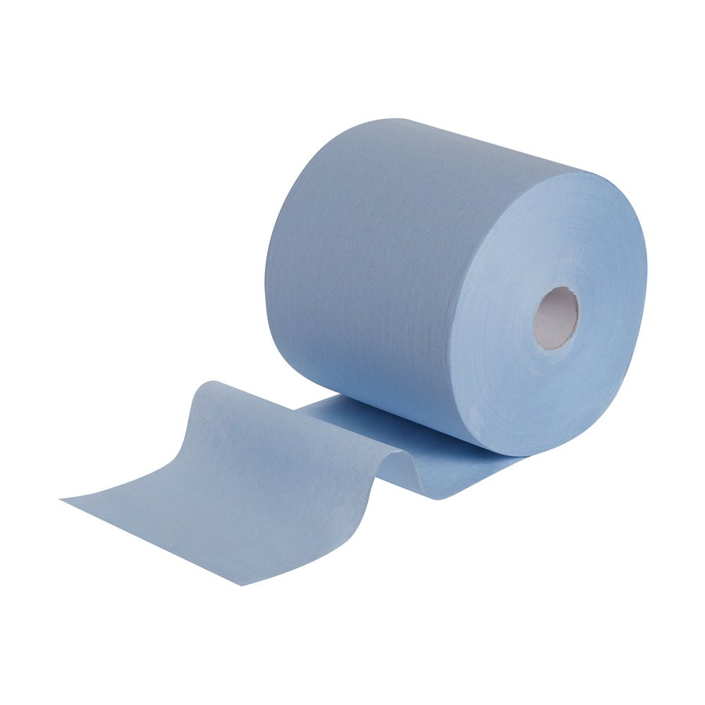Eine teilweise ausgerollte WypAll® L10 EXTRA+ Wischtücher Großrolle (38,00 cm x 23,50 cm) von Kimberly-Clark GmbH auf weißem Hintergrund, ideal zur Reinigung von Oberflächen.
