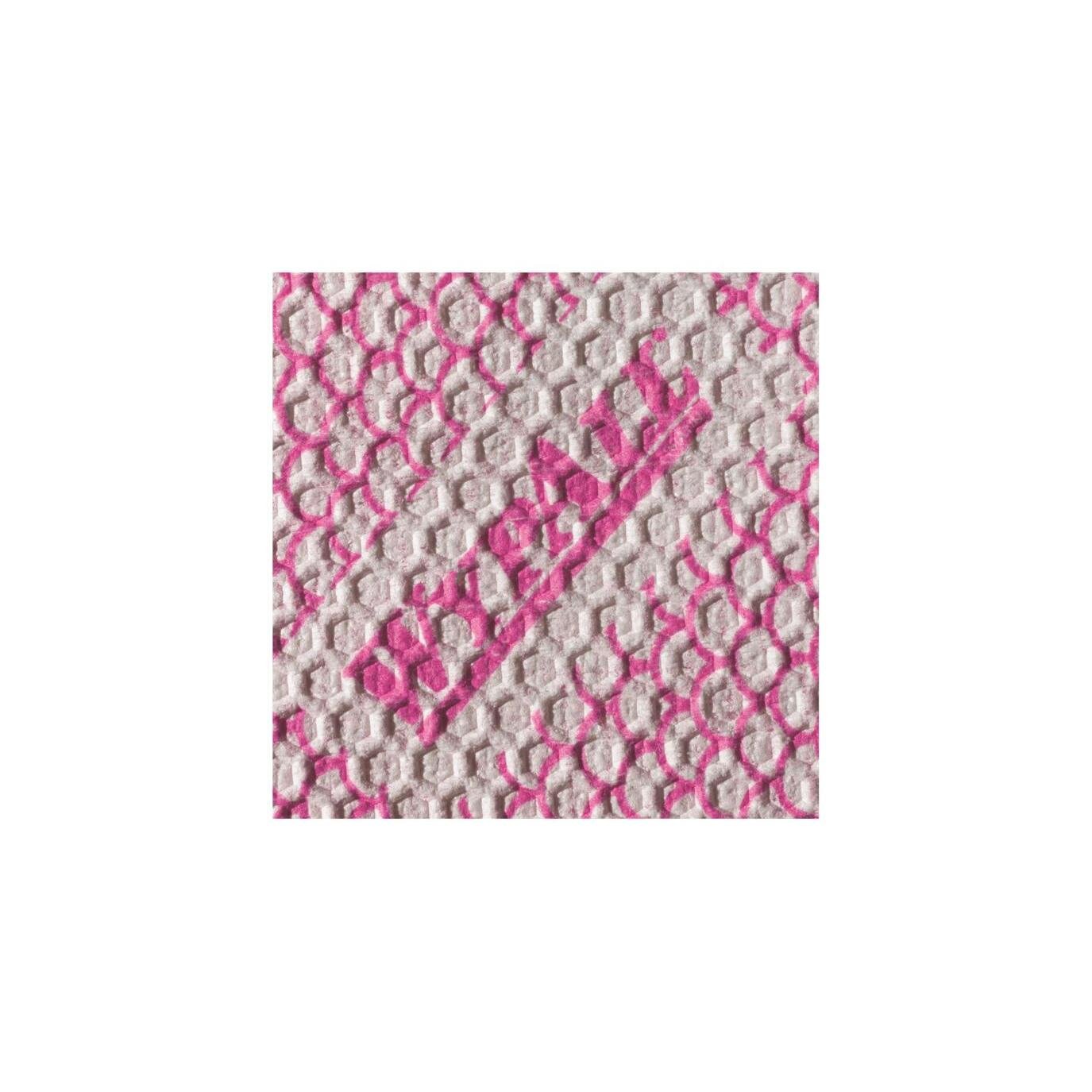 Eine Nahaufnahme eines WypAll® X80 Plus Critical Clean (Viertelgefaltet/Rot) Reinigungstuches von Kimberly-Clark. Sie zeigt die weiße, strukturierte Oberfläche mit sich wiederholenden rosa Punkten und dem diagonal aufgedruckten Schriftzug SECURITY" - ideal für kritische Reinigungsaufgaben.