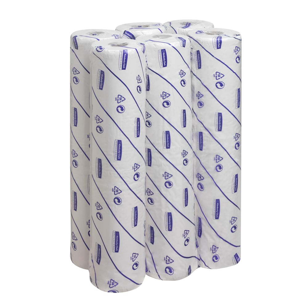 Six Scott® EXTRA medical rolls from Kimberly-Clark GmbH, individually in white packaging with blue lettering and symbols, grouped on a white background - perfect for medical use.